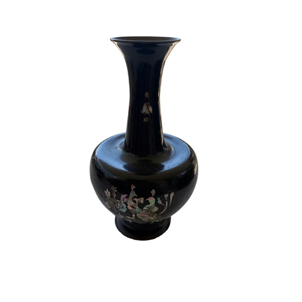 Vintage Black Enameled Bronze Vase with Peacock Decoration- with mother of pearl
